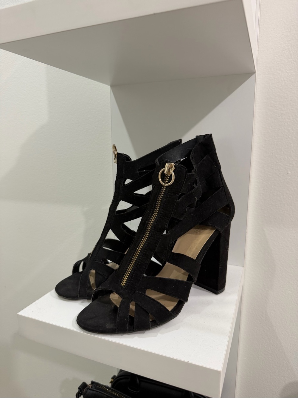 Charlotte Russe Black Suede Cutout Block Heel Sandals with Gold Zip